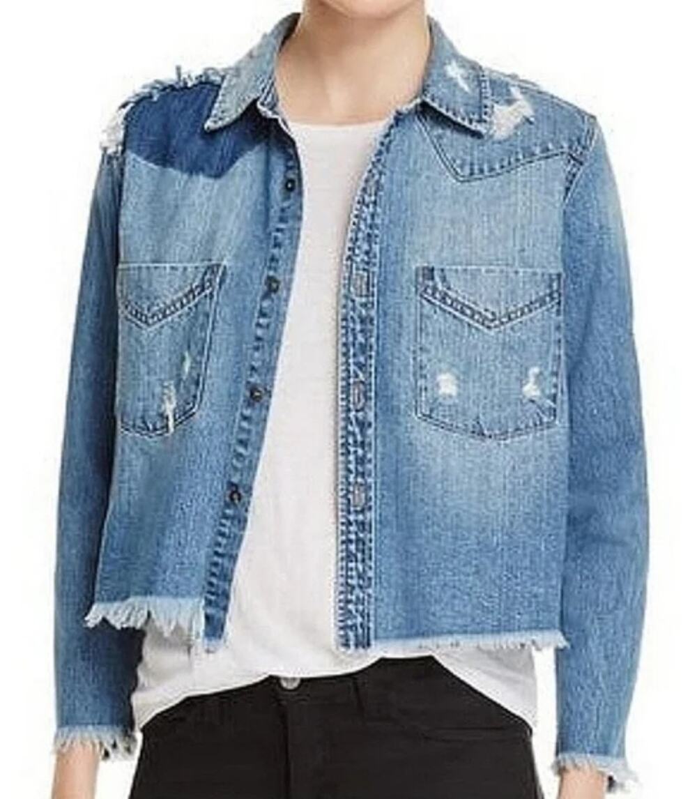 PISTOLA Distressed Denim Crop Fray Button Down Large Blue Shirt Top Jacket